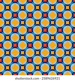 Seamless geometric pattern with interlocking circles, squares in yellow, red, blue. Yellow diamonds within blue frames. Retro Pattern for textiles, wallpapers, background in flat design. Vector.