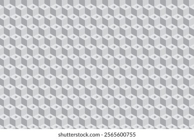 Seamless geometric pattern of interlocking cubes in grayscale, creating a striking 3D effect. This optical illusion design offers depth and perspective for modern backgrounds, wallpapers, and textile.