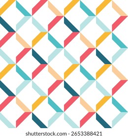 Padrão geométrico contínuo de diamantes interligados e paralelogramas em cores pastel e negrito, incluindo vermelho, azul-petróleo, amarelo e pêssego em um fundo branco.