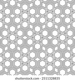 Patrón geométrico sin fisuras con Formas hexagonales entrelazadas en un diseño en blanco y negro contrastante. Adecuado para fondos, textiles o Elementos de Diseño gráfico.