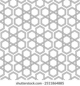 Patrón geométrico sin fisuras con Formas hexagonales entrelazadas en un diseño en blanco y negro contrastante. Adecuado para fondos, textiles o Elementos de Diseño gráfico.