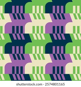 Seamless geometric pattern with interlocking shapes in purple, green, cream, and navy blue. Bold, abstract design creates a modern and dynamic visual rhythm.