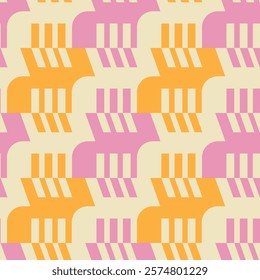 Seamless geometric pattern with interlocking shapes in pink, orange, and cream. Bold, abstract design creates a modern and dynamic visual rhythm.