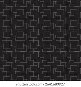 Seamless geometric pattern with interlocking square outlines on a dark background. Modern, minimalistic design in monochrome style, ideal for tech-themed wallpapers, fabrics, and digital backgrounds.