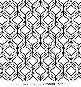 Padrão geométrico contínuo com linhas onduladas pretas entrelaçadas em um fundo branco. Adequado para fundos, têxteis ou elementos decorativos.