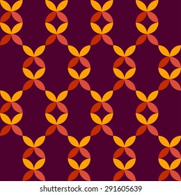 Seamless geometric pattern of intersected red and yellow flowers and petals on dark background. Colorful contrast floral trellis. Floral chains. Geometric Lattice. Vector illustration.