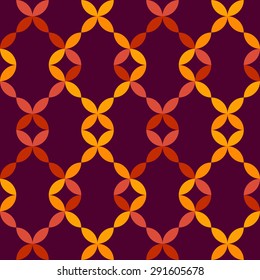 Seamless geometric pattern of intersected red and yellow flowers and petals on dark background. Colorful contrast floral trellis. Floral chains. Geometric Lattice. Vector illustration.