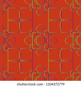 Seamless geometric pattern of intersecting colored lines on a red background
