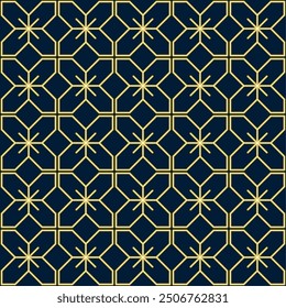 Seamless geometric pattern with intersecting golden lines on a dark blue background. Suitable for graphic design, interior decoration, textile, print, etc.