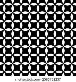 Seamless geometric pattern of intersecting squares and quarter circles in contrasting black and white, creating a visually engaging design.