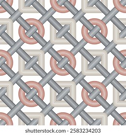 Seamless geometric pattern with intersecting striped squares and circles in orange, grey, and beige against a white background. Retro design style. Abstract vector illustration. 