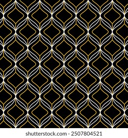 Seamless geometric pattern with intertwined gold and white wavy lines on a black background. Suitable for backgrounds, textiles or decorative elements.