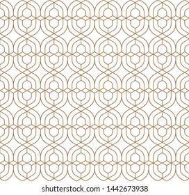 Seamless geometric pattern of intertwining golden lines on a white background.