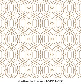 Seamless geometric pattern of intertwining golden lines on a white background.