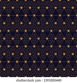 Seamless geometric pattern with interweaving thin lines triangles, hexagon pattern, gold and black pattern, vector illustration