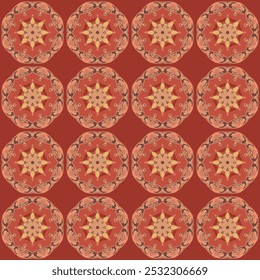 Seamless geometric pattern. Intricate interconnected shapes. Deep red, orange, and gold color. Abstract motifs with cultural influence. Visually captivating, bold. For fabric textiles and stationery.