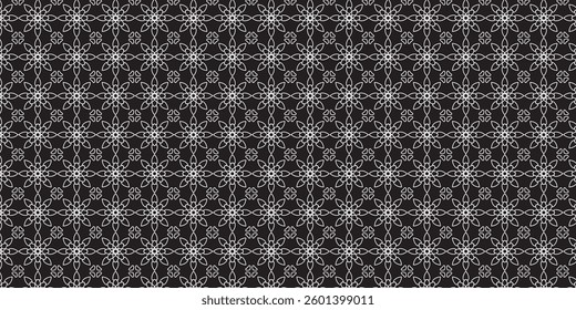 Seamless geometric pattern with intricate white floral motifs on a black background. Perfect for textiles, wallpapers, and digital designs.