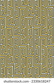 Seamless geometric pattern with irregular indented lines in a labyrinth style. Modern maze design. Abstract background. Yellow, black, and white zigzag stripes in greek ornament style. Vector image.