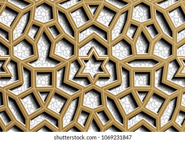 Seamless geometric pattern. Islamic pattern. arabic, east ornament, indian ornament, persian motif, 3D.  Ramadan Kareem gold greeting card, banner. geometric ornate, shining vector illustration.