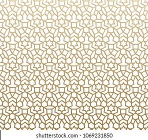 Seamless Geometric Pattern. Islamic Pattern. Arabic, East Ornament, Indian Ornament, Persian Motif, 3D.  Ramadan Kareem Gold Greeting Card, Banner. Geometric Ornate, Shining Vector Illustration.