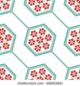 Seamless geometric pattern of Islamic floral ornament of red Carnation flower wreath inside the shape of hexagon. Dotted garlands. Beads. Decorative colorful trellis print. Vector Illustration.