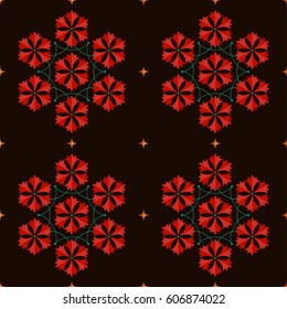 Seamless geometric pattern of Islamic floral ornament of red Carnation flower wreath in shape of hexagon. Decorative colorful trellis print on dark background with orange stars. Vector Illustration.