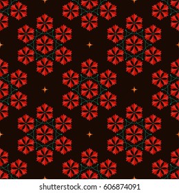 Seamless geometric pattern of Islamic floral ornament of red Carnation flower wreath in shape of hexagon. Decorative colorful trellis print on dark background with orange stars. Vector Illustration.