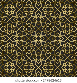 Modelo geométrico inconsútil con las Formas islámicas del ornamento que consisten en líneas doradas en un fondo negro. Adecuado para diversos fines de decoración, textiles, azulejos, Fondos de pantalla, fondos, etc.