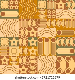 Patrón geométrico sin fisuras con pasta italiana de diferentes Formas. Ilustración vectorial de espaguetis dibujados a mano, penne, macarrones, rigatoni, fideos linguine, paquete de comida de estilo retro o diseño de menú