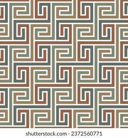 Seamless geometric pattern. Labyrinth made of interlocking green, brown, and beige lines on a white background. Traditional chinese pattern. Striped retro design. Decorative vector illustration.
