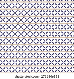 Un patrón geométrico sin fisuras con un diseño de celosía, con Formas de diamante azul marino y blanco y líneas Horizontales beige finas, ideal para textiles o fondos.