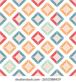 Seamless geometric pattern of layered diamond shapes in soft pastel colors like mint, peach, coral, and teal on a white background.