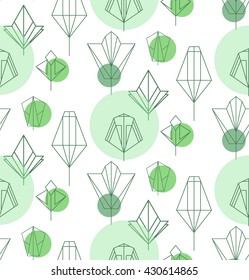 Seamless geometric pattern with leaves . Abstract foliage with green circles . Vector natural background with leaves in a linear style