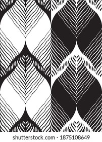 Patrón geométrico sin foco con hojas. Fondo vectorial blanco y negro.