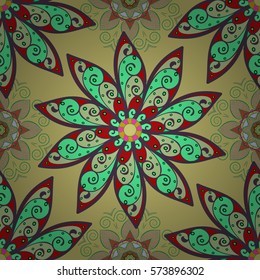 Seamless geometric pattern from leaves on beige background. Shades of green. Radial gradient shape.