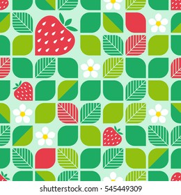 seamless geometric pattern with leaves, strawberries and blossoms