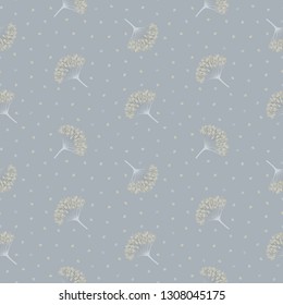 Seamless geometric pattern with light beige viburnum berries on grey background. Neutral, pale colors. Repeat pastel botanical pattern. Vector illustration.