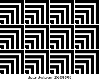 Seamless geometric pattern with lined square elements in a horizontal shape. Modern design for textiles, posters, cards, banners. Black and white chevron background. Vector illustration EPS 10.  