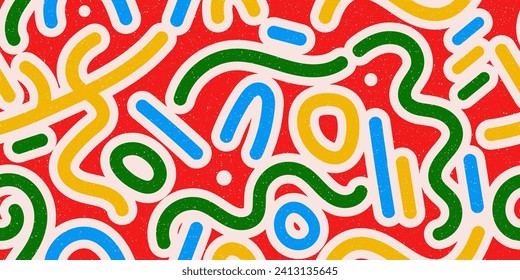 Seamless geometric pattern with lines with bold stroke. Minimalist retro style texture with grainy effect. 80s style geometric collage. Simple vector pattern. Circles, waves, curves. Christmas pattern