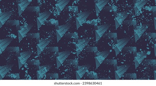 Nahtloses geometrisches Muster mit Linien. Geometrischer Grunge-Ornament. Texturierte monochrome Hintergrund in blauen Farben mit Spatz, Spray Farbe Tinte, Dreiecke lineare Elemente.