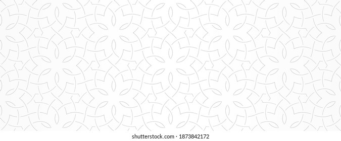 Seamless geometric pattern with lines and stylized flowers on white background. Monochrome vector abstract floral design. Decorative lattice in Arabic style. Ornament for textile, fabric and wrapping.