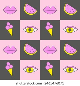 Seamless geometric pattern with lips, eyes, ice cream and watermelon. Vector background in 80s-90s comic style.