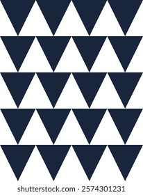 Seamless geometric pattern made of dark blue triangles pointing downwards, arranged on a clean white background, creating a simple yet visually appealing design