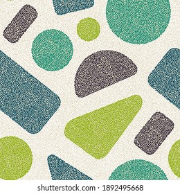 Seamless geometric pattern made in pointillism style. Scandinavian ornament for home decor, textiles, carpet, rug. Bohemian patchwork ornament. Vector illustration.