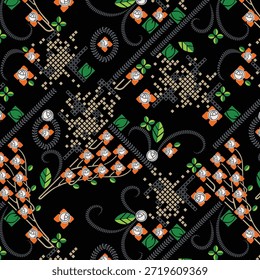 Patrón geométrico sin costuras hecho de tela tradicional para la moda. Simple, adecuado para la impresión rotativa sobre un fondo oscuro.