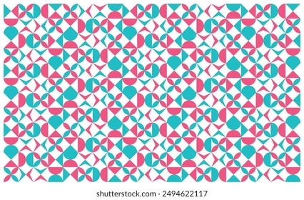 Seamless geometric pattern made of various shapes in blue and pink colors