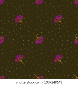 Seamless geometric pattern with magenta and orange viburnum berries on dark brown background. Repeat botanical pattern. Vector illustration.
