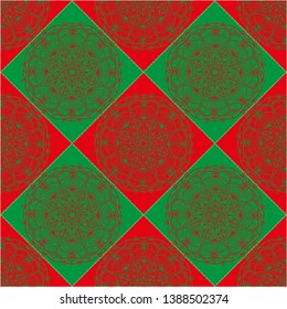 Seamless geometric pattern mandala in a rhombus. Red Green.