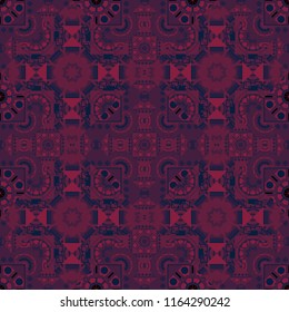 Seamless geometric pattern with mandalas. Illustration. Stylish ornamental wallpaper in blue, red and orange colors.