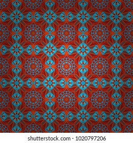 Seamless geometric pattern with mandalas. Stylish ornamental wallpaper in red, blue and orange colors. Vector illustration.